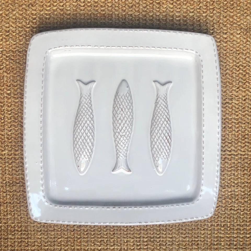 Mud Pie White Terracotta Clay Square Dish Plate 8" Raised 3D Fish Coastal Decor - Image 1 of 4