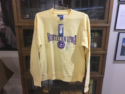 NWT VTG Northern Iowa Panthers Yellow BIG COTTON Spell Out SEAL Sweatshirt SZ M Cover