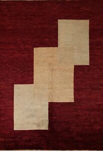 Red Geometric Modern Gabbeh Area Rug 7x8 Hand-knotted Bedroom Size Carpet