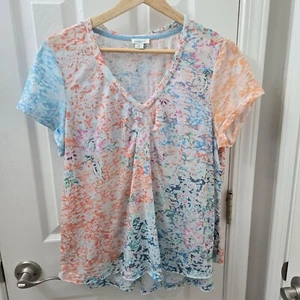 Sundance Burnout Tshirt Womens Medium Blue Orange Lightweight Colorful Sheer - Picture 1 of 8