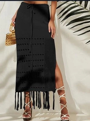 Women Black Knitted Crochet Tasseled Hem Elastic Waist Drawstrings/Beach Skirt S - Image 1 of 4
