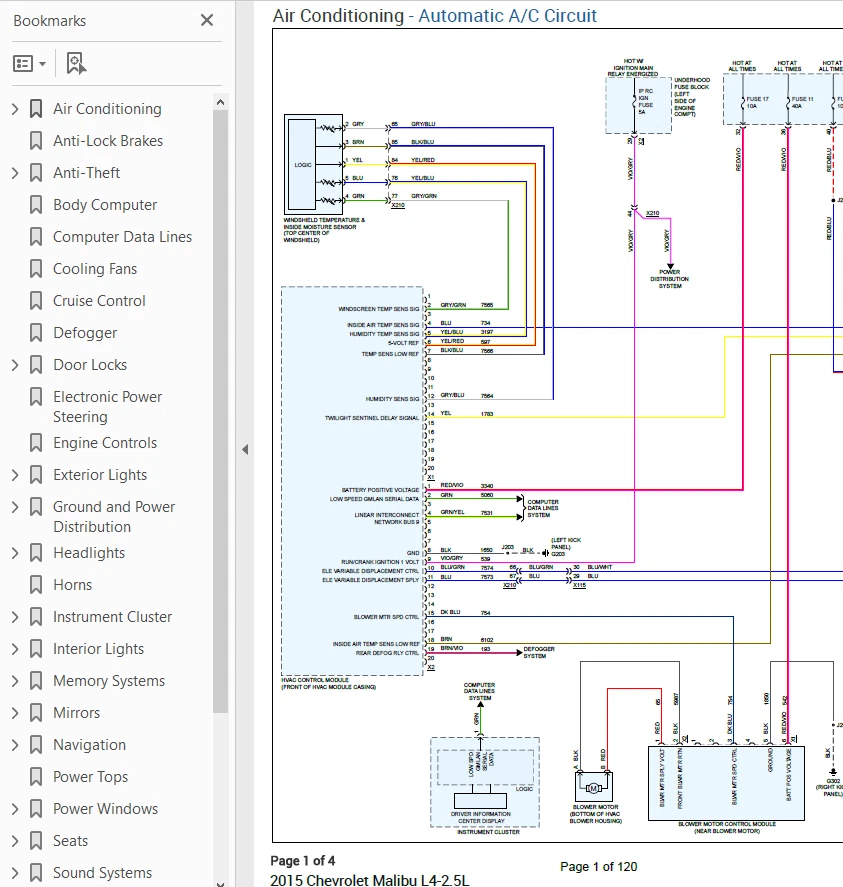 Chevrolet Malibu 2015 diagrama de cableado a color esquema L4 2,5 L pdf Foto 1 de 1