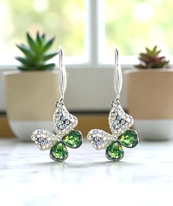 Green Heart Butterflies Swarovski Elements Crystal Earrings 18K Wht Gold Plated - Picture 1 of 5