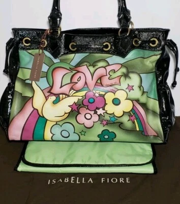 RARO BOLSO DE VIAJE ISABELLA FIORE NEGRO TATUAJE AUDRA LOVE DOVE CON ALMOHADILLA BOLSO DE MANO NUEVO CON ETIQUETAS $795 Foto 1 de 4