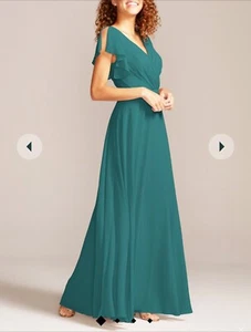 David's Bridal Womens Iris Bridesmaid Dress Sz 2 Green Flutter Sleeve Full Skirt - Picture 1 of 19