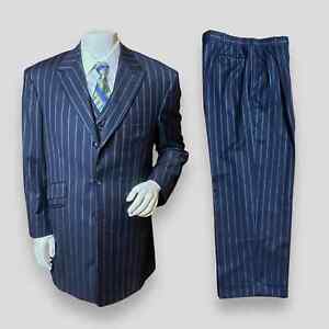 Lombardo Custom Apparel Suit Mens 3 Piece Navy Pinstripe Cuffs Pleats ~ Size 46L
