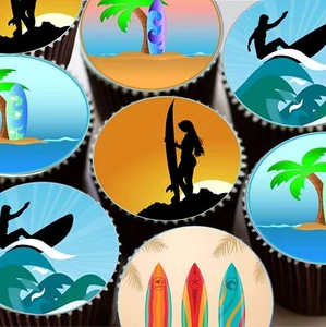 15 x 5 cm Pre-cut Surfing Round Icing Edible Cake Decorations - Picture 1 of 1