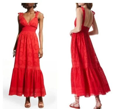 Maxi Vestido Alice + Olivia Levine Bordado Ojales Rojo Algodón Lino Mezcla 4 Foto 1 de 4