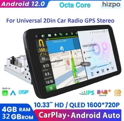 1Din Rotatable 10.33'' Car Stereo GPS Navi Carplay 8Core Android 12 Radio DSP BT - Image 1 of 4