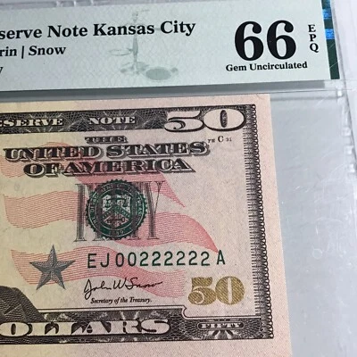 FR#2128-J $50.00F.R.N Serial #EJ00222222A PMG Gem Unc 66 EPQ .6 Deuce’s - Image 1 of 4