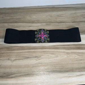 80’s Vintage Wide Textile Embroidered Belt Stretch Multicolor Black Office Y2K - Picture 1 of 6