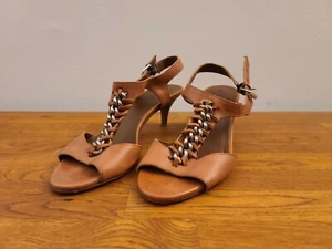 Women's J.Crew Liora Caramel Leather w/ Chain T-Strap Kitten Heel Sandals - Sz 8 - Picture 1 of 6