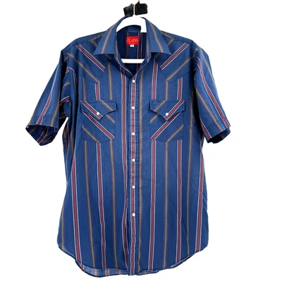 Camisa Ely Plains Western Para Hombre Mediana Azul Rayas Perla A Presión Vaquero Landman Años 90 Foto 1 de 4