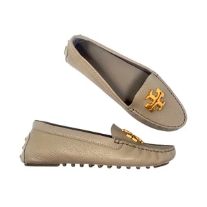 Tory Burch Everly Driver Loafers Tumbled Leather French Gray Gold 85159 Size 7.5 - Picture 1 of 11