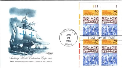 UNITED STATES 1992 CACHET FDC COVER COMM WORLD COLUMBIAN STAMP EXPO PLATE BLOCK - Image 1 of 2