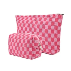 2Pcs Makeup Bag for Women Checkered Cosmetic Set Travel Toiletry Rose red - Picture 1 of 6