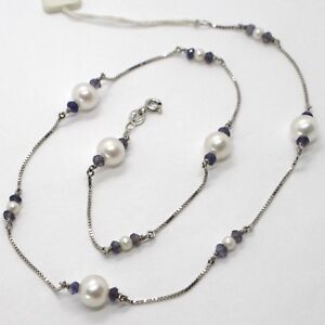 18K WHITE GOLD NECKLACE VENETIAN CHAIN ALTERNATE FACETED BLUE IOLITE AND PEARL