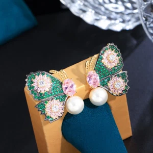 Rosa Grün CZ Damen Symmetrisch Schmetterling Tropfen Perle Ohrring 925 Silber Schmuck - Bild 1 von 10