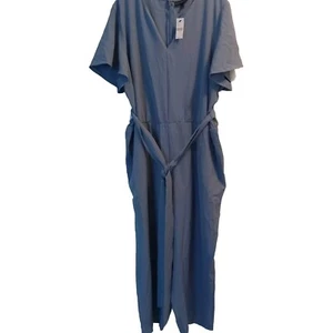 Lane Bryant Belted Jumpsuit Womens Size 28 Blue Pantsuit Short Sleeve V Neck NWT - Picture 1 of 8