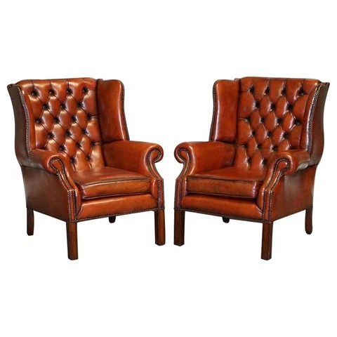 STUNNING PAIR OF BURGUNDY BROWN LEATHER HAND DYED WINGBACK CHAIRS Cover