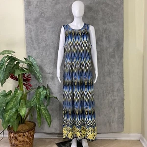 J. Jill Wearever Collection Maxi Dress Blue Ikat Stretch Sleeveless Sz L Travel - Picture 1 of 9