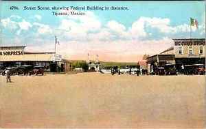 TIJUANA, MEXICO - BUSY STREET SCENE - FEDERAL BUILDING - VINTAGE LINEN POSTCARD - Picture 1 of 2