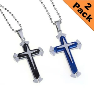 2X Fashion Stainless Steel Cross Crucifix Pendant Necklace Chain for Couple US - Picture 1 of 8