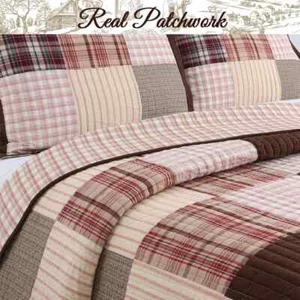 NEW! ~ COZY COUNTRY LODGE LOG CABIN RED BROWN BEIGE GREY TAN PLAID QUILT SET - Picture 1 of 6