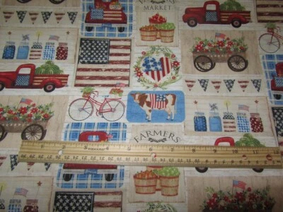 3 WISHES FABRIC Blue Patriotic Blocked Farmer's Market Flags Cotton Fabric By The Yard