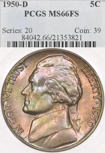 1950-D 5C PCGS MS66 FS Jefferson níquel peldaños completos - anverso y reverso tonificado - Imagen 1 de 4