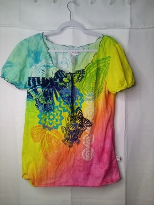 Peaches Uniforms Scrub Top Women L Short Sleeve Butterfly Pockets Colorful - Image 1 of 4