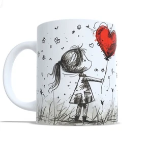 Personalisierte Skizze Love Girl Rot Ballon Kaffee Tee Tasse Neuheit - Bild 1 von 5