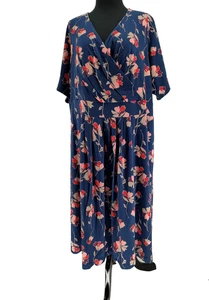 Lands End Woman Blue Floral Fit&Flare Dress Size 3X-24-26 Stretch Ruched V Neck - Picture 1 of 11