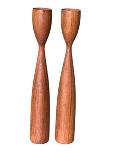 Pair Danish Teak Wood Tapered Candlestick Holder Set 11.5” MCM Vintage - Picture 1 of 12