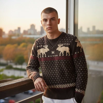 Suéter Polo Ralph Lauren Vintage Para Hombre Mediano Alce Cuello en V Algodón/Lino Tejido Foto 1 de 4