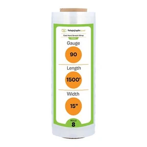 Cast Hand Pallet Stretch Wrap Plastic Shrink Film 15" x 1500' 90 Gauge 8 Rolls - Picture 1 of 9