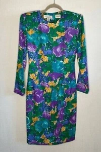 Vintage 70er Jahre Gillian Floral 100 % Seide hinten offen Midi Etuikleid Damengröße 6 grün - Bild 1 von 11