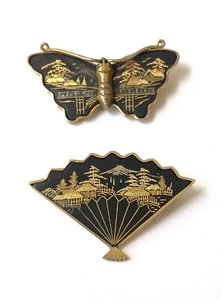 Vintage Lot 2 Japanese Japan Damascene Gold Inlaid Butterfly Fan Brooches Pins - Picture 1 of 6