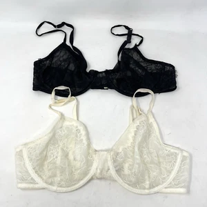 Vera Wang Bra 36 C Black Cream Set Lace Lacy Semi Sheer Romantic Vintage - Foto 1 di 24