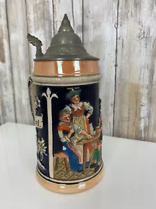 GERZ West Germany LIDDED BEER STEIN Raised Dinner Scene Trumpf Herz 1st Vintage - Picture 1 of 9