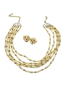 Hong Kong Signed 5 Strand Bead Necklace w/ Matching Cluster Clip Earrings Set - Picture 1 of 4