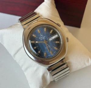 70er Vintage Tell Five Alarm Uhr Automatik Blau Day-Date Swiss Jumbo 40mm - Bild 1 von 24