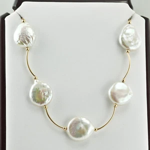 14 MM WHITE NATURAL COIN PEARL STATIONARY NECKLACE 14K YELLOW GOLD 36 INCHES - Picture 1 of 8