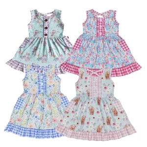 Boutique New Summer Clothing Toddler Sister Girls Floral Dress With Gingham Trim - Picture 1 of 13
