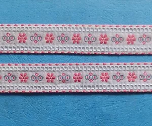 4 metres Vintage RIBBON TRIMMING - Pink edging with Pink and Blue design x  2cm - Picture 1 of 3
