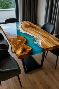 Ocean Shoreline Epoxy & Wood Dining Table – Live Edge Coastal Resin Art - Picture 1 of 11
