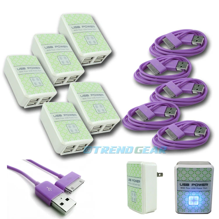 5X 4 USB PORT WALL ADAPTER+3FT CABLE POWER CHARGER PURPLE FOR IPHONE IPOD IPAD - Image 1 of 1