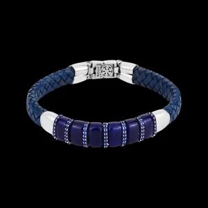 Men's Cuff Bracelet Sterling Silver Blue Sapphire Stone Leather Braided Bracelet - Picture 1 of 3