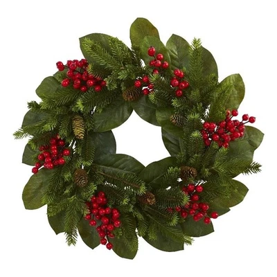 Nearly Natural 24" Magnolia Leaf Berry & Pine Artificial Wreath in Green - Image 1 of 4