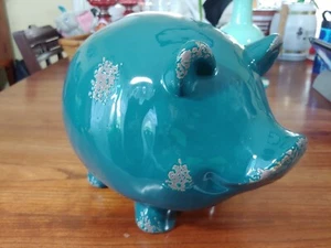 Large Teal Green Dark Turquoise Ceramic Farmhouse Pig Figurine Joy of Gardening - Picture 1 of 7